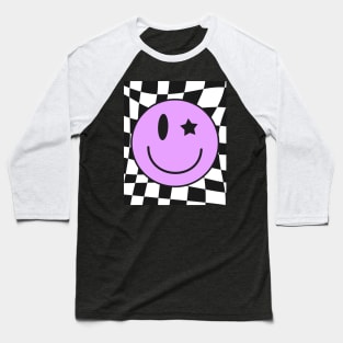 Retro Happy Face Shirt Checkered Pattern Smile Face Trendy Baseball T-Shirt